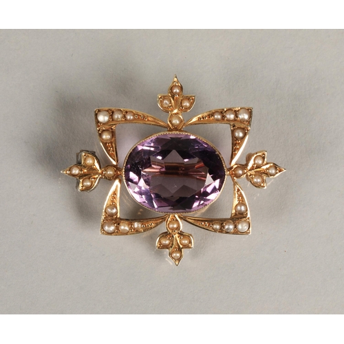 84 - Ladies 9ct yellow gold amethyst and seed pearl brooch.