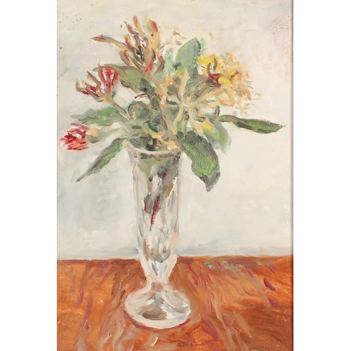 499 - ERIC RITCHIE (Scottish b1934), still life glass vase of flowers, oil on canvas board, unsigned, 34cm... 