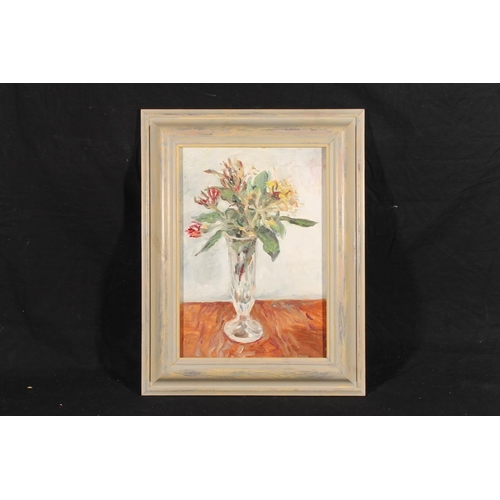 499 - ERIC RITCHIE (Scottish b1934), still life glass vase of flowers, oil on canvas board, unsigned, 34cm... 