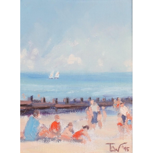 501 - TOM WHITE (Contemporary), figures on a beach, oil painting on canvas, signed with 'TEW' monogram and... 