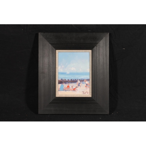 501 - TOM WHITE (Contemporary), figures on a beach, oil painting on canvas, signed with 'TEW' monogram and... 