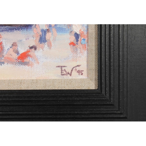 501 - TOM WHITE (Contemporary), figures on a beach, oil painting on canvas, signed with 'TEW' monogram and... 