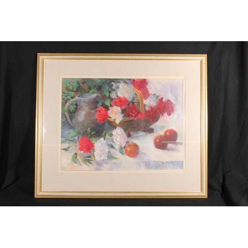 504 - JACKIE SIMMONDS, still life basket of roses and apples on a table top, pastel, signed lower right, 4... 