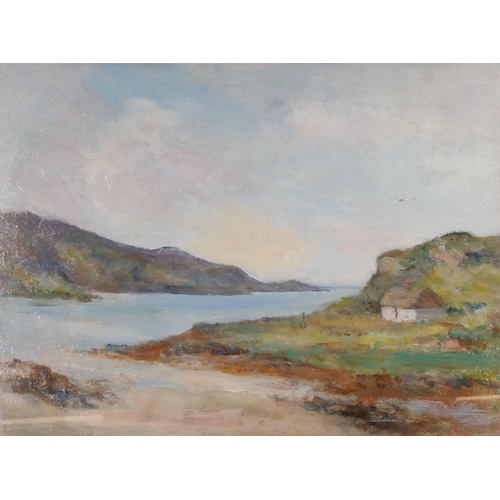 511 - ROBERT DICKIE CAIRNS (Scottish, 1866-1944, Long House by a Scottish Loch, oil painting on panel, uns... 