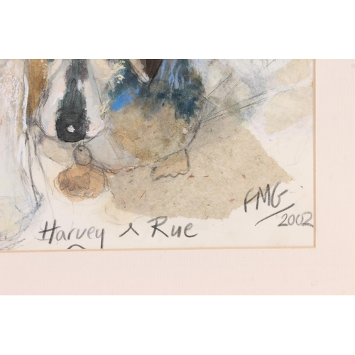 528 - FMG, Harvey and Rue, study of dogs, mixed media, signed with initials FMG and dated 2002 lower right... 