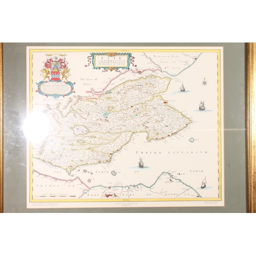 543 - After JOHAN BLAEU, Fife The Sherifdome of Fyfe, map print, 43cm x 54cm, frame 64cm x 73cm and three ... 