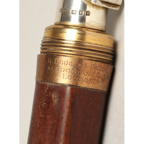 184 - Asprey of London 9ct rose gold topped walking cane to reveal a secret silver flask compartment Londo... 