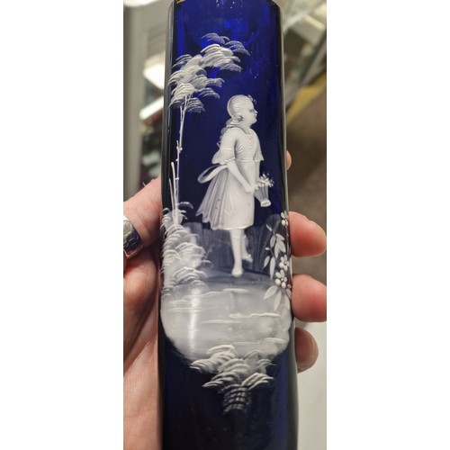 207 - Mary Gregory blue triangular vase. 16cm, double fired detailing