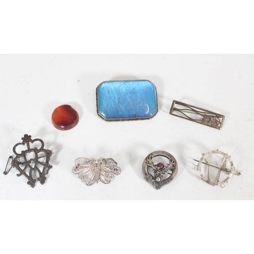 630 - Silver and white metal jewellery incl. butterfly brooch, Scottish brooches etc.