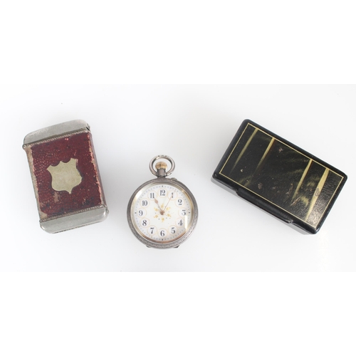 646 - Ladies Swiss silver fob watch, lacquer snuff box and a vesta case (3)