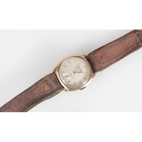 651 - Vertex 9ct gold cased gents wristwatch on brown leather strap.