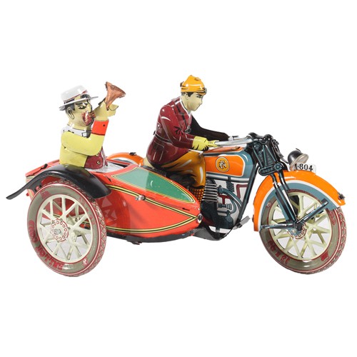 311 - Three tinplate aluminium clockwork models to include a motorcycle and sidecar, a tram car and an aer... 