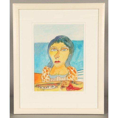 513 - John Bellany CBE RA HRSA (Scottish 1942-2013) ARRWoman with fish platterFramed watercolour, signed i... 