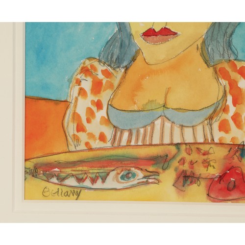 513 - John Bellany CBE RA HRSA (Scottish 1942-2013) ARRWoman with fish platterFramed watercolour, signed i... 