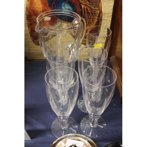 13 - Stuart Crystal Woodchester Spot engraved glass lemonade set comprising a jug and five glasses.