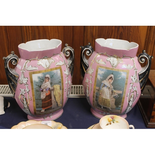 24 - Pair of continental porcelain vases decorated with printed scenes of ladies on a pink background, 32... 