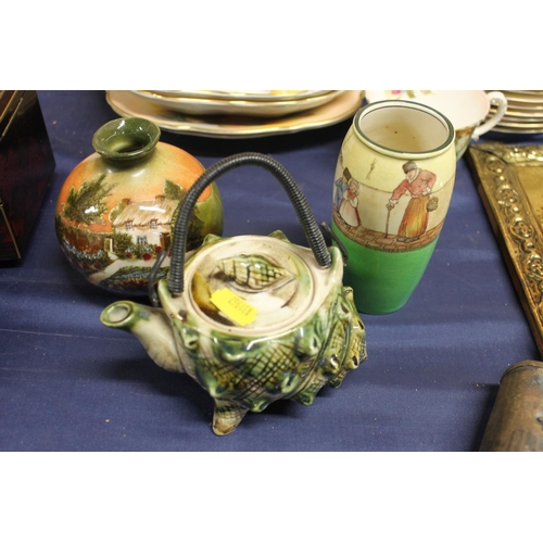 26 - Royal Doulton Seriesware vase, another vase and a shell form pottery teapot, largest 112cm high.