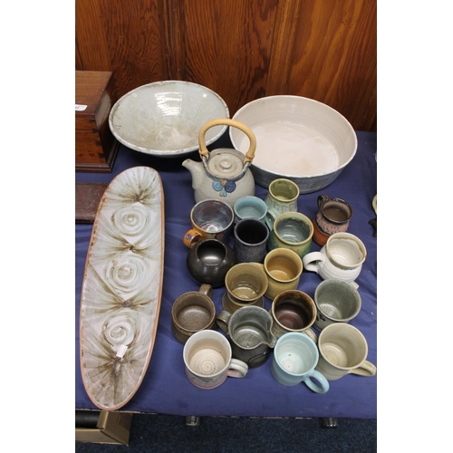 30 - Studio Pottery to include Lochhead Kirkcudbright tray, a large bowl, teapots, etc.