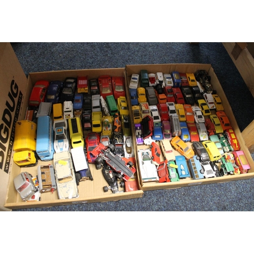 344 - Four boxes containing die-cast model vehicles to include Corgi, Corgi Juniors, Matchbox, etc.