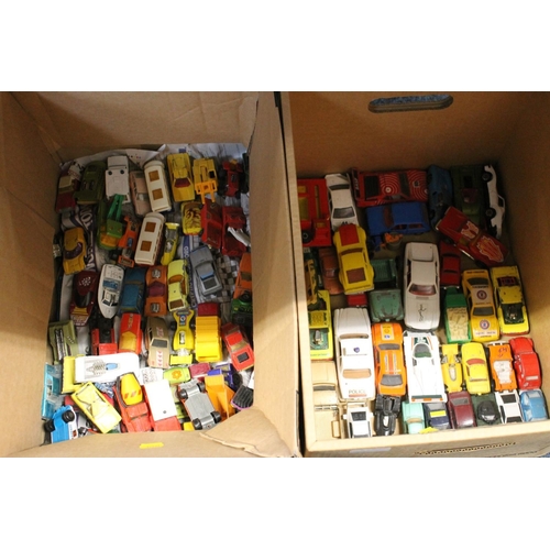 344 - Four boxes containing die-cast model vehicles to include Corgi, Corgi Juniors, Matchbox, etc.