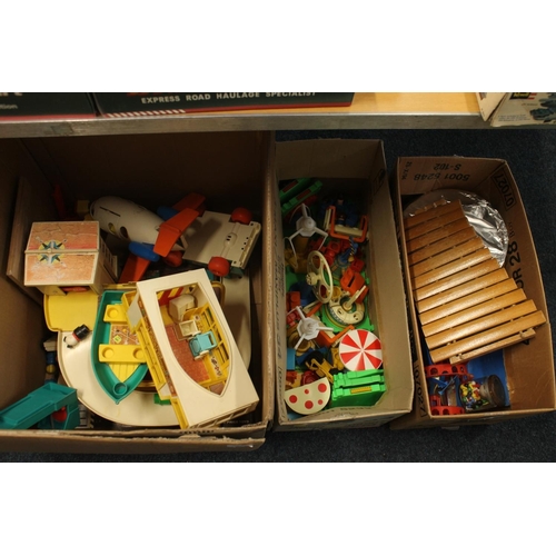 350 - Three boxed containing vintage toys to include Fisher Price play family camper, a garage model, etc.