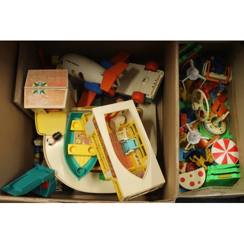 350 - Three boxed containing vintage toys to include Fisher Price play family camper, a garage model, etc.