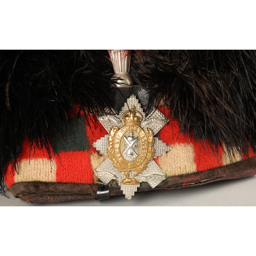 207 - Black Watch officers feather bonnet with officers kings crown badge and red plume with silver holder... 