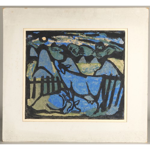 456 - Florance Jamieson(Scottish 1925-1971)'Cows at Night'unframed mounted lino, signed and inscribed vers... 