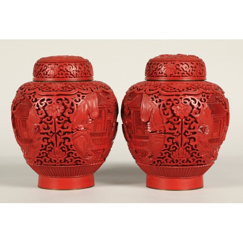 37 - Pair of Chinese cinnabar lacquered ginger jars and covers, relief decorated with Chinese garden, 20c... 