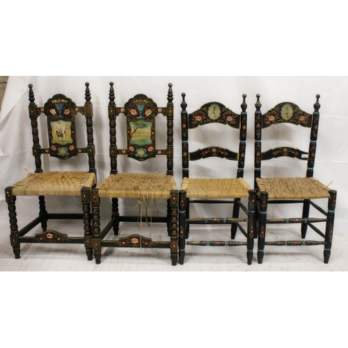 737 - Two pairs of Spanish colonial hall chairs, 19th century, rush seats raised on bobbin turned legs, un... 