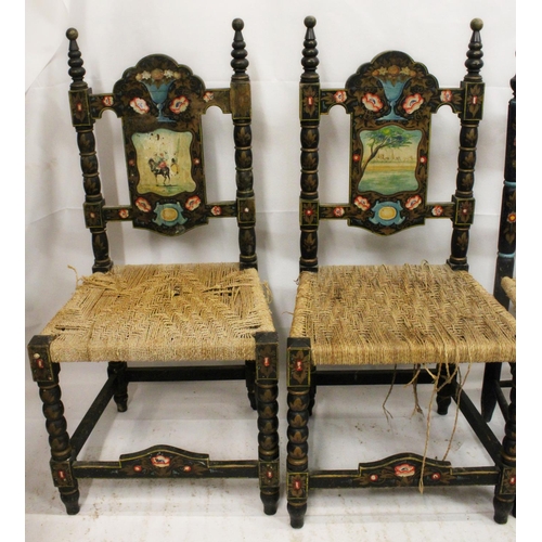 737 - Two pairs of Spanish colonial hall chairs, 19th century, rush seats raised on bobbin turned legs, un... 