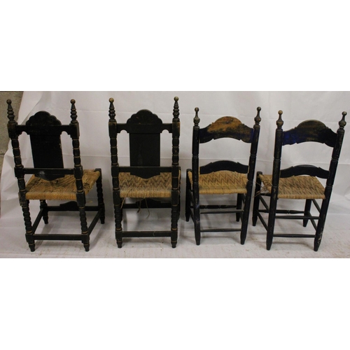 737 - Two pairs of Spanish colonial hall chairs, 19th century, rush seats raised on bobbin turned legs, un... 