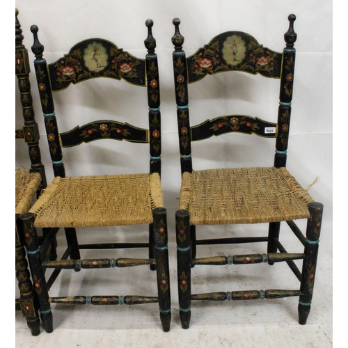 737 - Two pairs of Spanish colonial hall chairs, 19th century, rush seats raised on bobbin turned legs, un... 