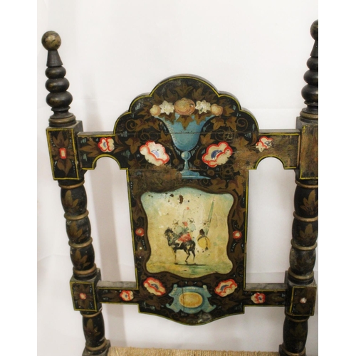 737 - Two pairs of Spanish colonial hall chairs, 19th century, rush seats raised on bobbin turned legs, un... 