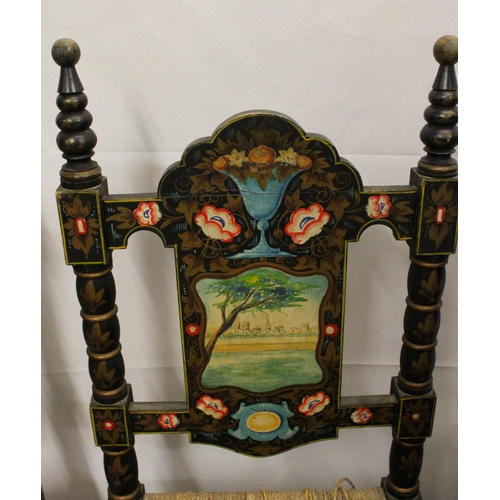 737 - Two pairs of Spanish colonial hall chairs, 19th century, rush seats raised on bobbin turned legs, un... 