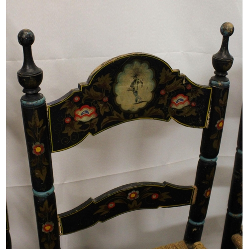 737 - Two pairs of Spanish colonial hall chairs, 19th century, rush seats raised on bobbin turned legs, un... 