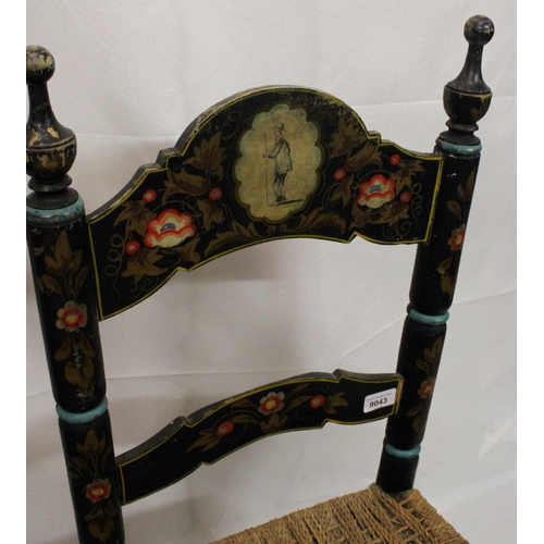 737 - Two pairs of Spanish colonial hall chairs, 19th century, rush seats raised on bobbin turned legs, un... 