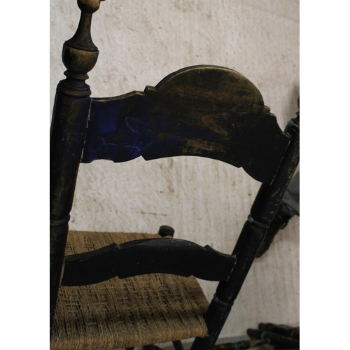 737 - Two pairs of Spanish colonial hall chairs, 19th century, rush seats raised on bobbin turned legs, un... 