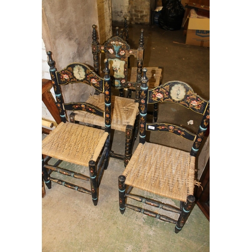 737 - Two pairs of Spanish colonial hall chairs, 19th century, rush seats raised on bobbin turned legs, un... 