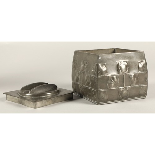 164 - Archibald Knox for Liberty & co, Tudric pewter biscuit box with stylized leaf design, no 0194, 1... 