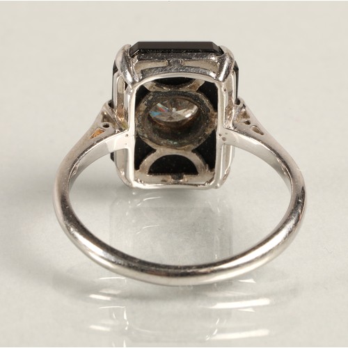 48 - Art Deco diamond solitaire ring, 0.75 carat stone, set in black onyx on white metal shank, ring size... 