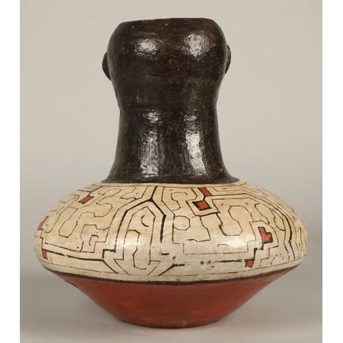 20 - Shipibo terracotta pottery vessel, 20th C, squat base with a tall neck, geometric patterns in brown ... 