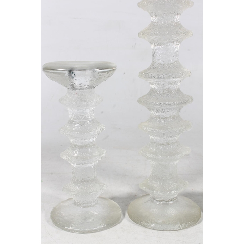 115 - Iittala of Finland textured glass candlesticks and another smaller pair of candlesticks.