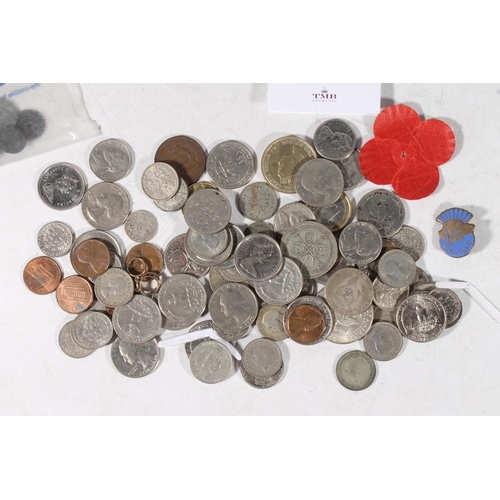 117 - Coins, medallions, cap badges, Victorian brass cup weights, a silver bear brooch, etc.