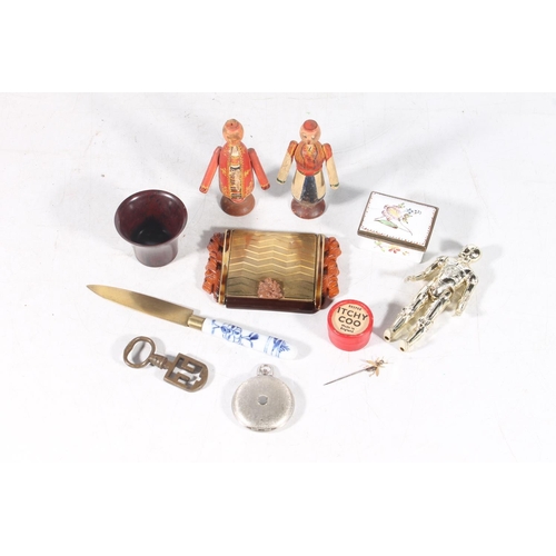 119 - French enamel box, a vintage compact, a Star Wars figure, a tenement latch key, etc.