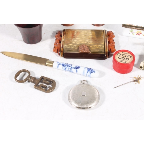 119 - French enamel box, a vintage compact, a Star Wars figure, a tenement latch key, etc.