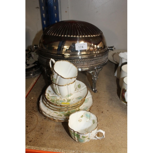 174 - Victorian silver plated dome top chafing dish with part teaset.