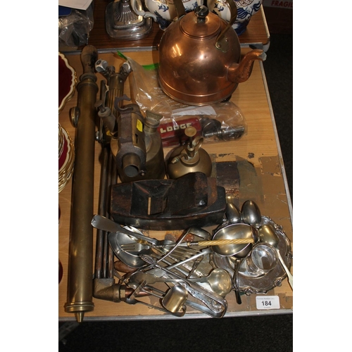 184 - Various metalware to include kettle, etc.