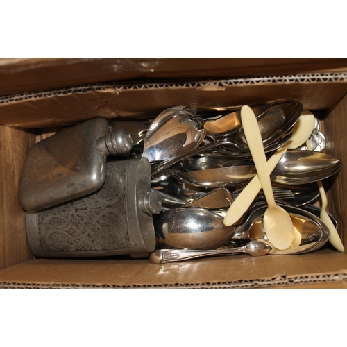 197 - Silver plated flatware and pewter hip flasks.