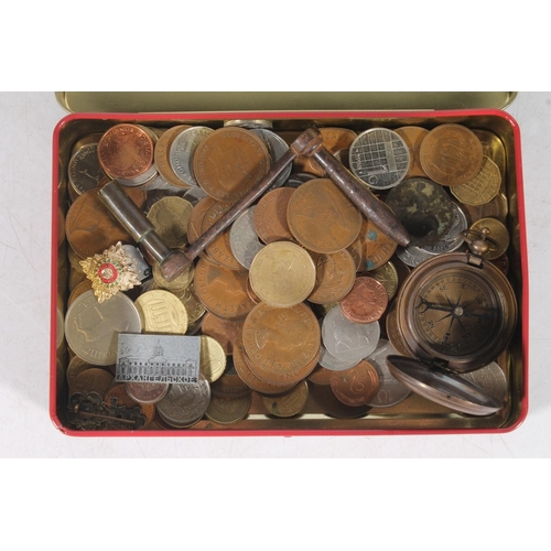 209 - Small collection of coins, mostly British pre-decimal, also a Ross of London compass.